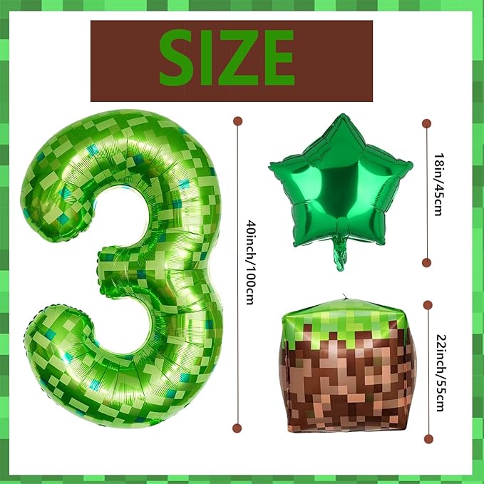 40 Inch Green Pixel Miner Number 3 Foil Balloon Set 5Pcs Large Mylar Mining Theme 3rd Number Balloons Pixel Cubes Video Game Birthday Party Decorations