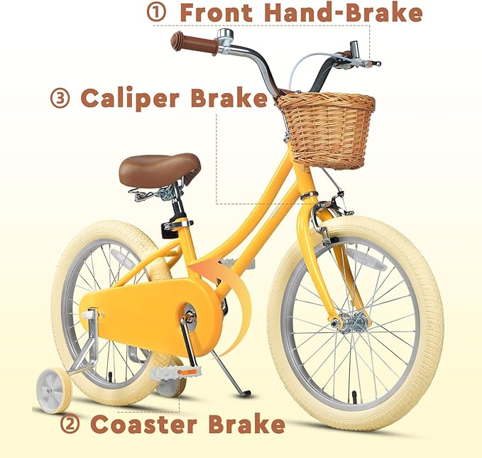 Petimini Vintage Kids Bike for Girls, 12–20 Inch Classic Bicycle with Wicker Basket & Bell, High Tensile Steel Frame, Training Wheels (12–18”), 85% Pre-Assembled, Retro Bike for Outdoor Riding