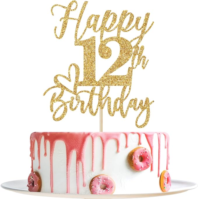 Gold Glitter Happy Birthday Cake Topper, Funny Party Supplies for 12th Birthday