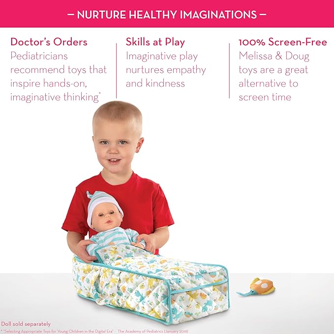 Melissa & Doug Mine to Love Bassinet Play Set Portable Carrier for Dolls with Crinkle Toy, Nursery Rhyme Book