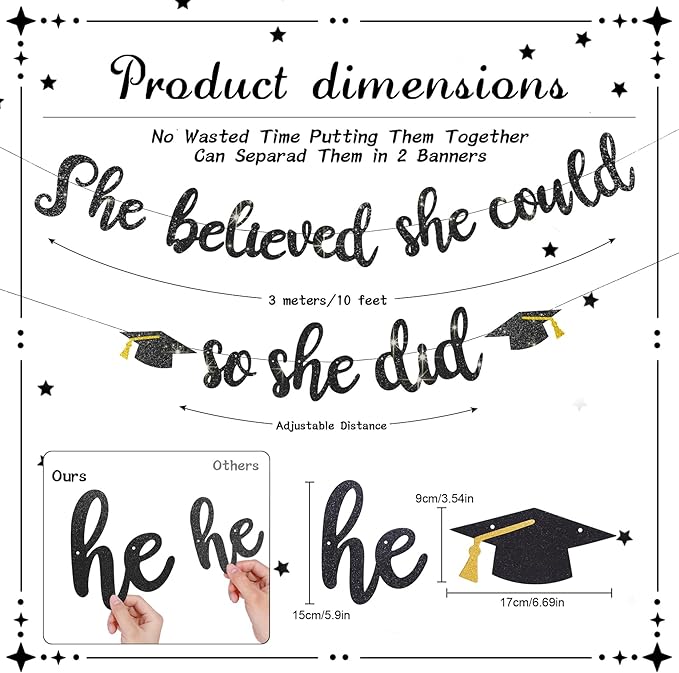 She Believed She Could So She Did Banner - Pre-Strung Glitter Graduation Decorations 2026 for Women Girls, Inspirational Grad Party Supplies, Class of 2026 College High School Masters PhD Decor (Black)