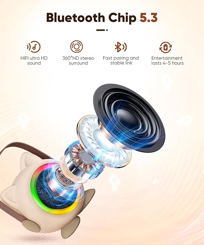 Mini Karaoke Machine Toy for Kids, Portable Karaoke Machine with 2 Wireless Microphone for 4,5,6,7,8,9,10,11,12+ Years Old Christmas Birthday Gifts Girls Boys (Beige)