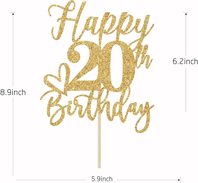 Gold Glitter Happy Birthday Cake Topper, Funny Party Supplies (20th Birthday)