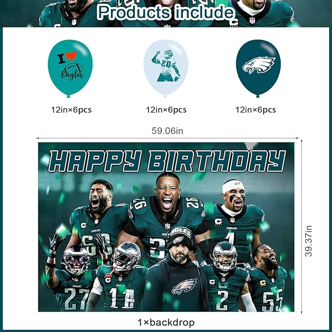 American Football Birthday Party Decoration,Photo Background 5 x 3 FT, 18 Pcs Balloons,Philadelphia Merch Party Backdrop Supplies