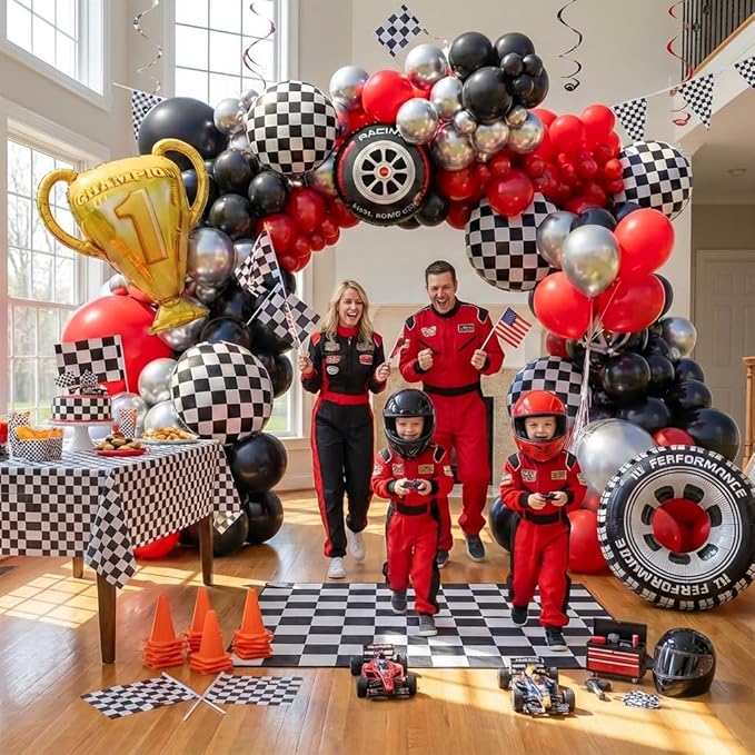 Race Car Balloons Arch Kit -Trophy, Flags, Cars, Tire, Checkered, Wheels and Red Black Silver Balloon Garland Kit for Racing Car Theme Two Fast 2nd One Theme 1st Boy Birthday Party Decoration