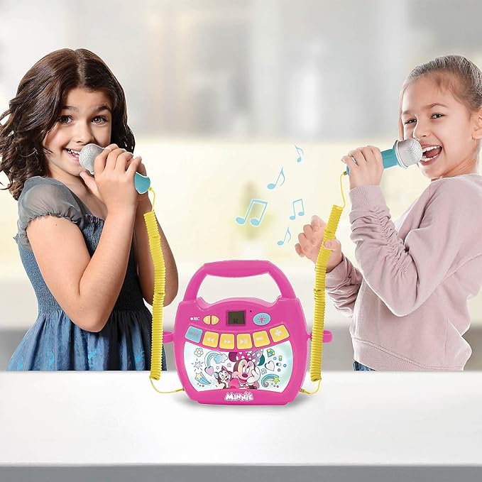 LEXiBOOK – Disney Minnie - Portable Karaoke Digital Player for Kids – Microphones, Light Effects, Bluetooth, Record and Voice Changer Functions, Rechargeable Battery, MP320MNZ