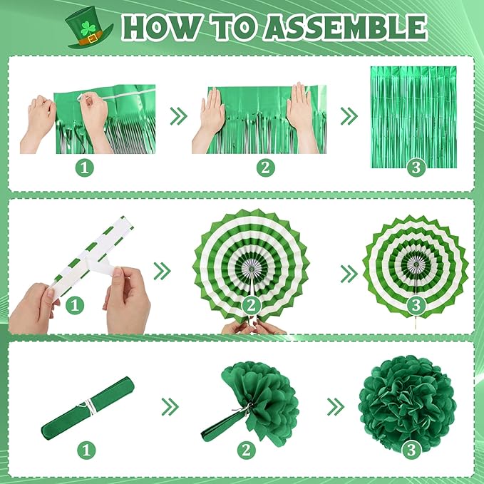 Green Party Decorations, Green Gold Printed Confetti Heart Balloons St Patricks Day Glitter Shamrock Garland Lucky Banners Foil Curtain Paper Fan Pompoms for Home Party Saint Patricks Party Supplies