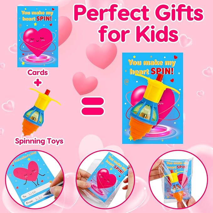 25PCS Light Up Spinning Tops Valentines Day Gifts for Kids School Funny Valentine Exchange Cards for Kids Classroom Toddler Boy Girl Valentine’s Class Party Favors Goodie Bag Stuffers Bulk Prizes