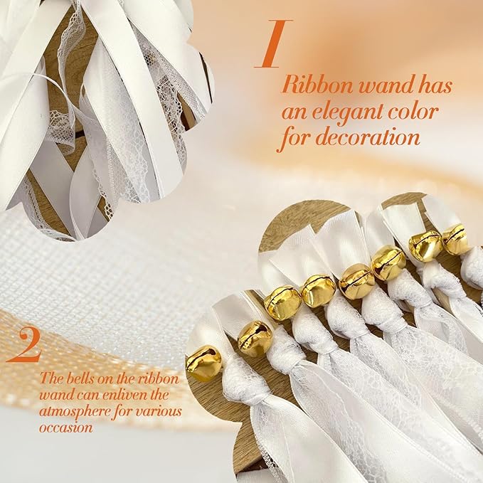 50Pcs Ribbon Sticks Wands Streamers with Bells Silk Lace Fairy Stick Party Ribbon Streamers for Wedding Party, Birthday and Holiday Activities-White