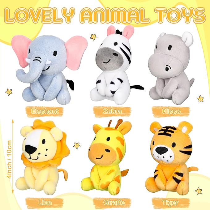 Aoriher 6 Pcs Mini Stuffed Forest Animal Bulk Jungle Plush Animal 4 Inch Plush Elephant Lion Tiger Giraffe Panda for Baby Shower Christmas Birthday Gift Stuffer Themed Party Decoration(Lovely)