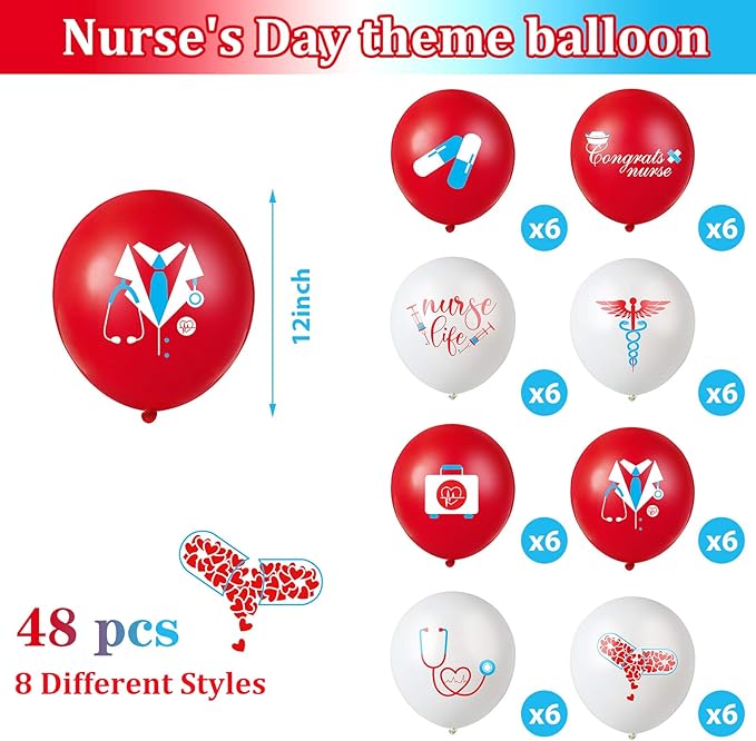 Skylety 48 Pieces Nurse Balloons 12 Inch Congrats Nursing Latex Balloons Bulk Party Decoration Supplies Nursing School Graduation Decoration for Happy Nurse Week Cna(Red and White)
