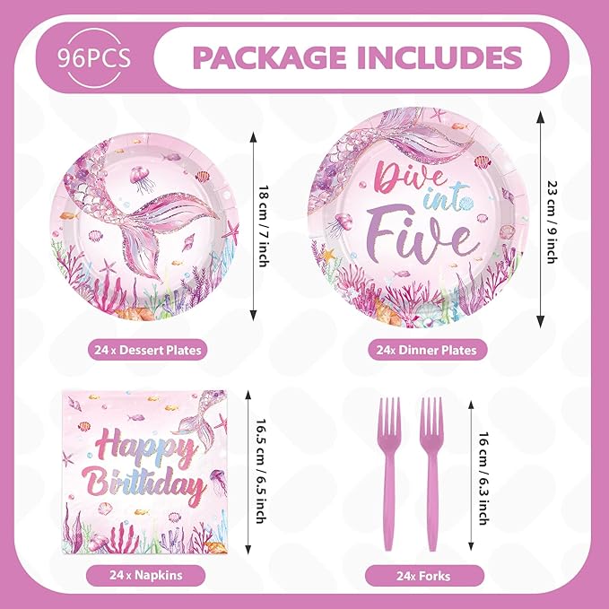 96Pcs Mermaid 5th Birthday Party Supplies Dive Into Five Party Plates and Napkins Disposable Mermaid Ocean Sea Animal Tableware Set for Girls 5 Year Old Birthday Decorations, Serves 24