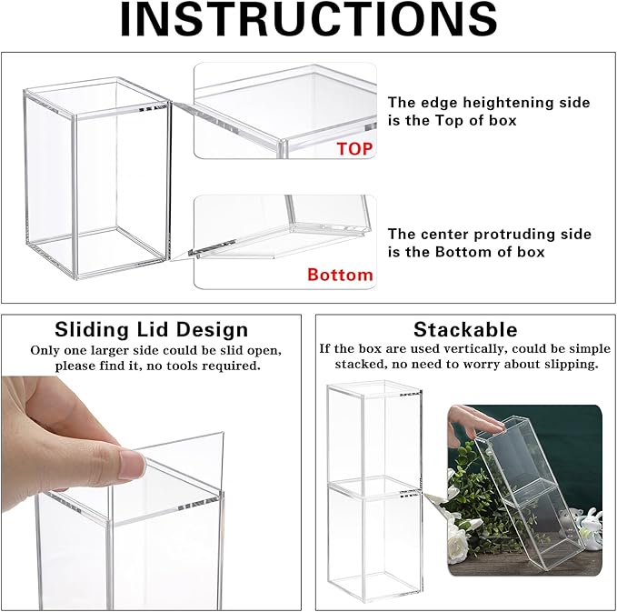 JUXYES 2 Pack Clear Display Case for Mini Action Figures, Acrylic Box with Sliding Door, Stackable Cube Small Showcase, Free Standing Collectibles Protection, 3x3x4.5 Inches
