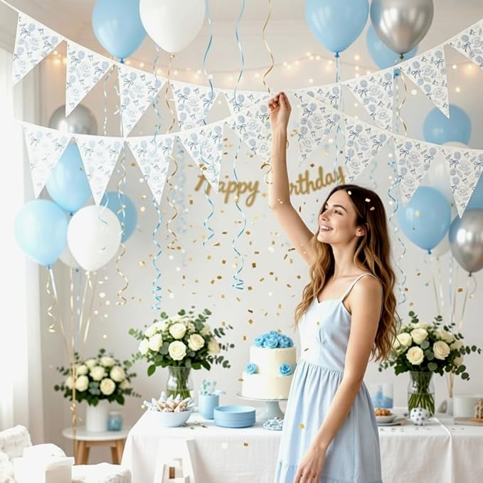 5 Pcs Blue Bow Starfish Seashell Garland Pre Strung Coastal Pennant Banner Ocean Nautical Beach Party Decorations Under The Sea Hanging Garland for Beach Wedding Mermaid Birthday Party