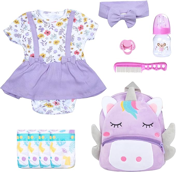 10 Pcs Reborn Baby Doll Clothes Accessories Set Fit 17-22 Inch Realistic Baby Dolls, Reborn Doll Clothes with Purple Unicorn Backpack Magnetic Pacifier & Headband Girl