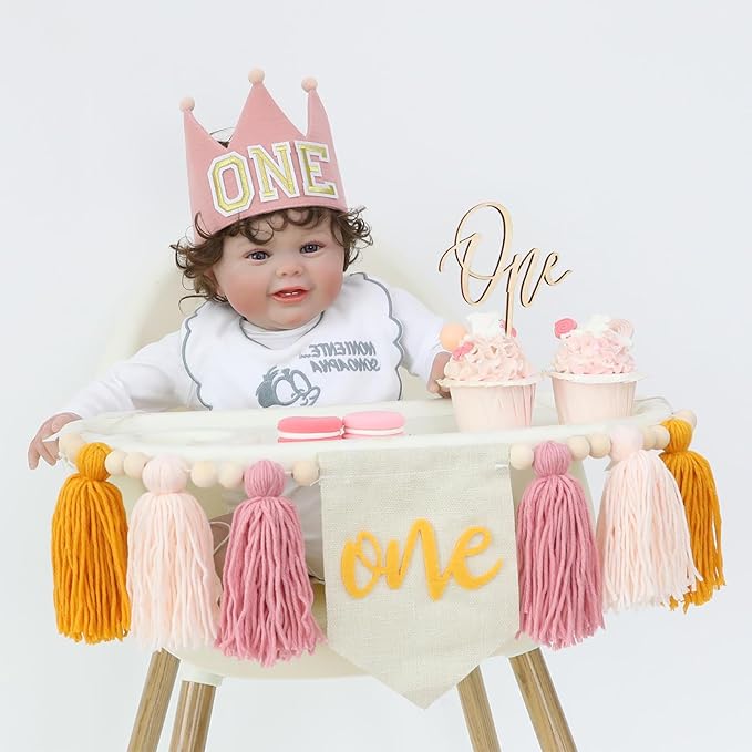 Baby Girls Pink Yellow 1st High Chair Banner Wood Bead Tassel Garland Crown Hat Wooden Cake Topper Birthday Party Decorations
