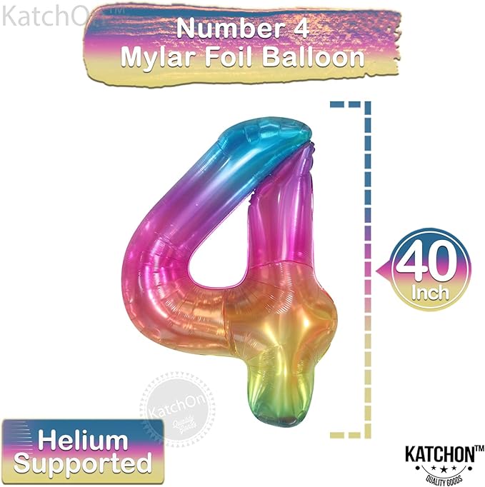 KatchOn, Giant Rainbow 4 Balloon Number - 40 Inch | Number 4 Balloons for Birthdays | 4 Year Old Balloon for 4th Tie Dye Birthday Decorations Girl | 4 Number Balloons for Anniversary Decorations