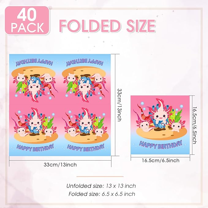 40 Pack Pastel Cute Axolotl Birthday Decorations Napkins - 6.5x6.5 Inch Disposable Axolotl Paper Napkins for Adorable Aquatic Reptile Theme Kids Birthday, Baby Shower & Gender-Neutral Party Supplies