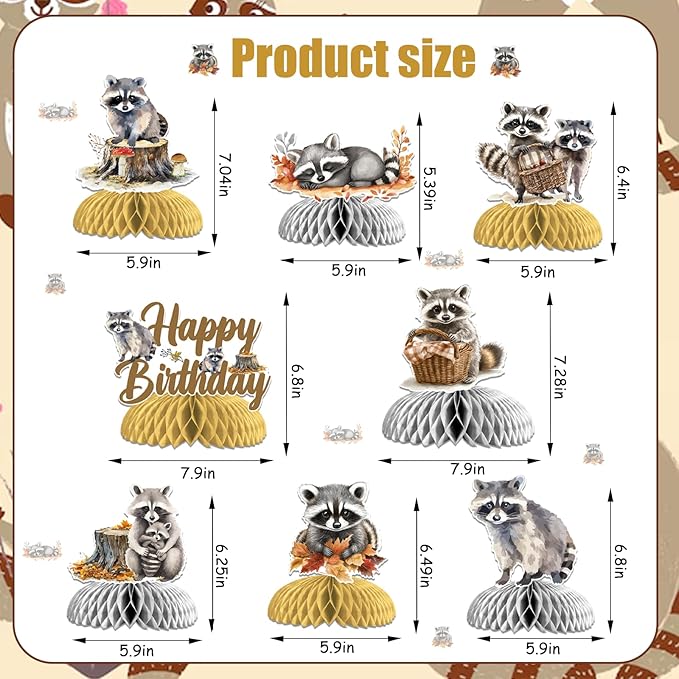 Sursurprise 8pcs Raccoon Themed Honeycomb Centerpieces, Raccoon Happy Birthday Table Topper Decorations, Raccoon Baby Shower Birthday Party Supplies