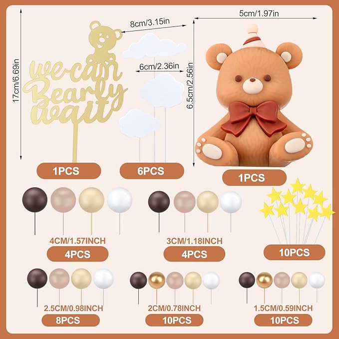 Yinder 54 Pcs Bear Cake Decoration Toppers for Baby Shower Decorations with Balls We Can Bearly Wait Happy Birthday Mini Bear Figurine Cake Party Birthday Supplies (Lovely)