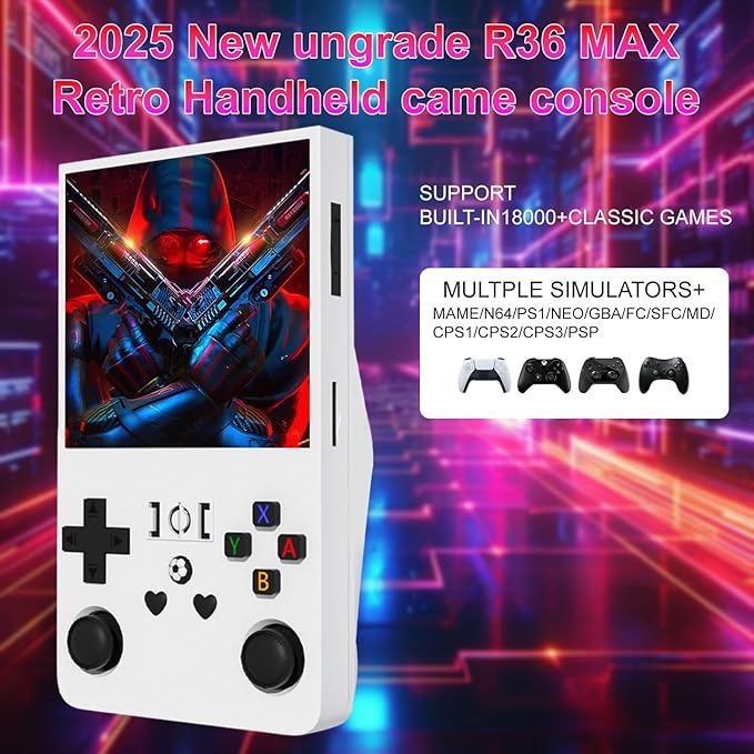 R36Max Retro Handheld Game Console,4-inch IPS OCA HD MIPI Screen, Open Source Linux System and 20000+ Games, Built-in 64GB TF Card Portable Video Gaming Console. (White)