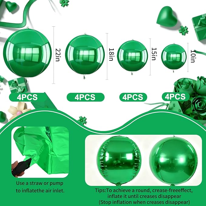 TONIFUL 16Pcs Large Green 4D Giant Round Foil Balloon 4D Mirror Metallic Mylar Sephere Balloons for Christmas New Year Birthday Party Graduation Wedding Baby Shower Decoration Supplies(Mix Sizes)