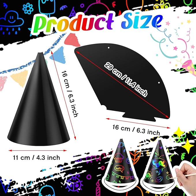Lewtemi Scratch Party Hats DIY Birthday Art Cone Scratch Hats Colorful Party Craft Paper Hat Decorating Supplies
