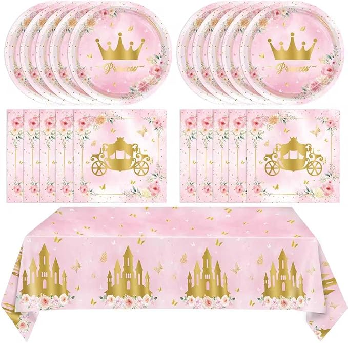 41PCS Princess Birthday Party Decorations,Pink Floral Castle Princess Birthday Themed Tableware Set Includes Paper Plates and Napkins,Tablecloth for Princess Party Supplies,Serves 20