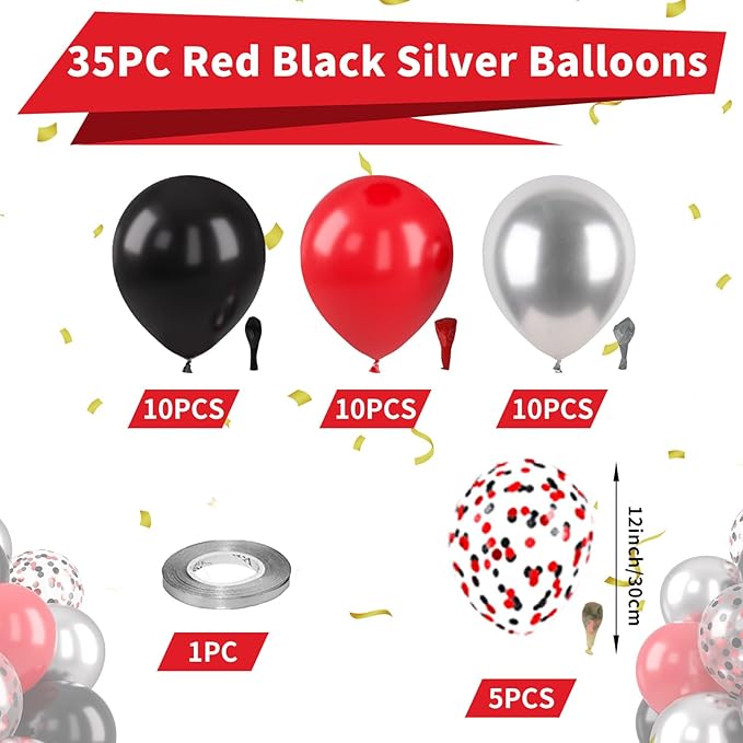 Red Black Silver Balloons, Black and Red Balloons Metallic Silver Balloon Confetti Balloon for for Man Theme Birthday Baby Shower Wedding Race Car Party Decorations