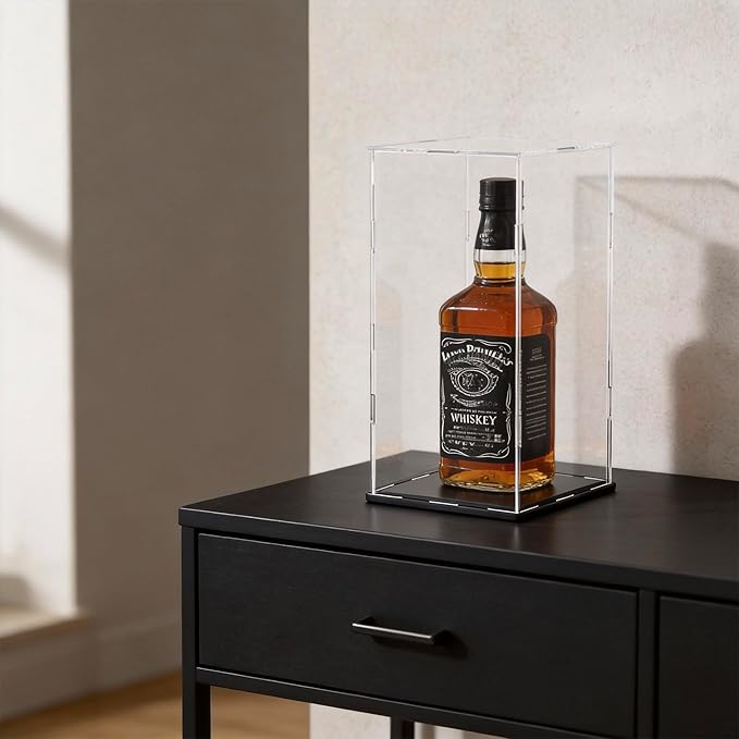 Acrylic Display Case for Red Wine Bottle and Dolls, Versatile Clear Acrylic Display Box with Black Base for Showcase and Displaying, 7x7x16-inch
