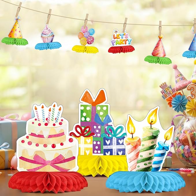 Horaldaily 10PCS Birthday Party Table Decoration Centerpieces, Colorful Cupcake Balloons Sign Honeycomb Centerpieces Table Toppers for Home Classroom School Boys Girls Baby Shower Birthday Supplies