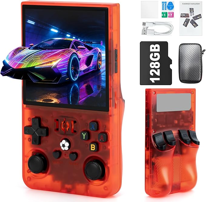 R36MAX Handheld Game Console - 4.0-Inch Screen, Support 22000+Classic Games,128G TF Card,Portable Console with Open Source System,4000mAh Battery,Birthday Gift for Adult or Partner - Red