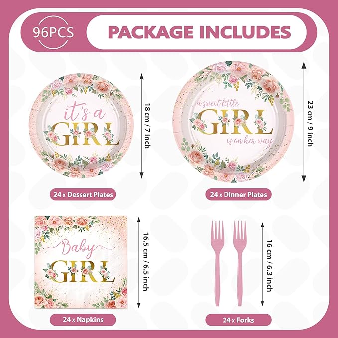 96 Pcs Baby in Bloom Baby Shower Decorations Disposable Its a Girl Paper Plates and Napkins Spring Pink Floral Tableware Set for Girls Baby Birthday Party Gender Reveal Supplies Serve 24