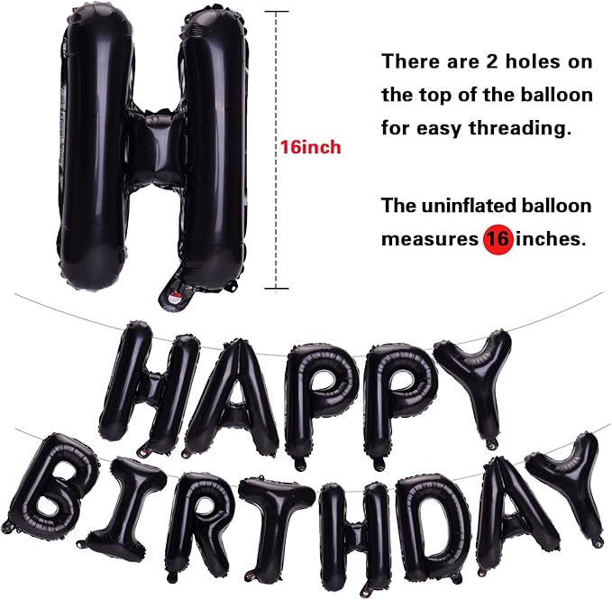 Black Happy Birthday Balloons Banner, 16 Inch Mylar Foil Letters Happy Birthday Sign Bunting Inflatable Reusable 3D Hanging Letter Kit Set for Girls Boys Kids Adults Birthday Decorations