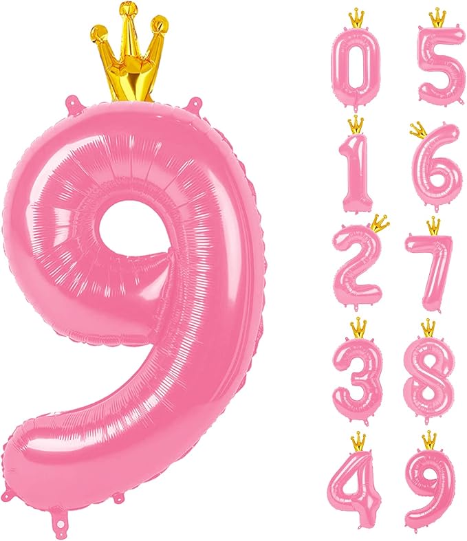 40 Inch Pink Number Balloon 0-9(Zero-Nine) with Crown, Big Size Happy Birthday Balloon, Foil Helium Big Number Balloon for Birthday Party,Wedding, Anniversary (PINK 9)