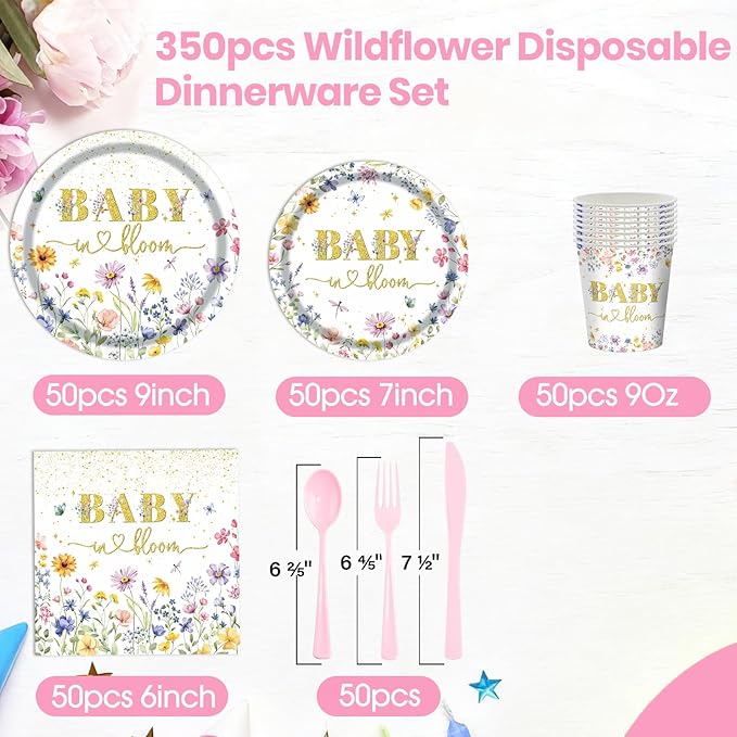 Wildflower Plates and Napkins Party Supplies - 350PCS Spring Floral Paper Plates Baby Shower Birthday Decorations Disposable Tableware Sets for Spring Summer Picnic Wedding Tea Party, Serve 50 Guests