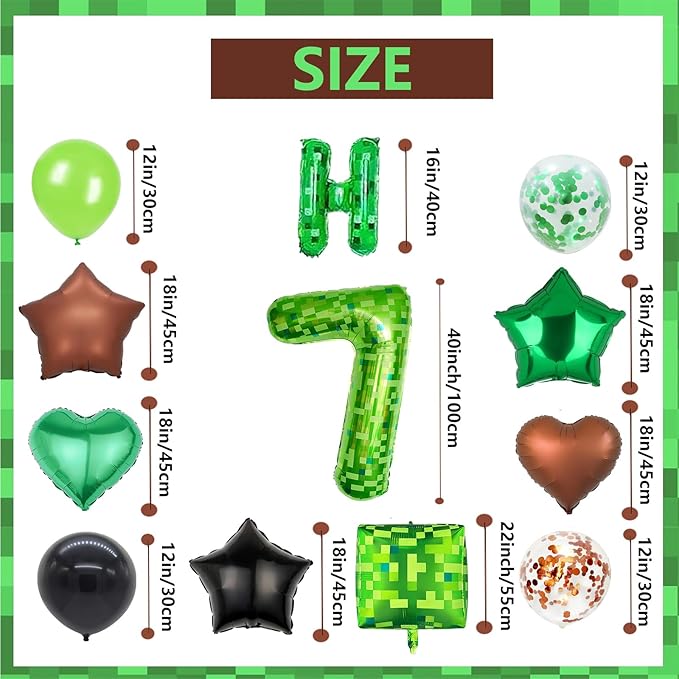 34Pcs Pixel Happy Birthday Party Decorations Set Green Pixel Miner Number 7 Foil Balloon Large Mylar Mining Theme 7th Number Balloons Video Game Party Supplies Cubes Boxes Decor