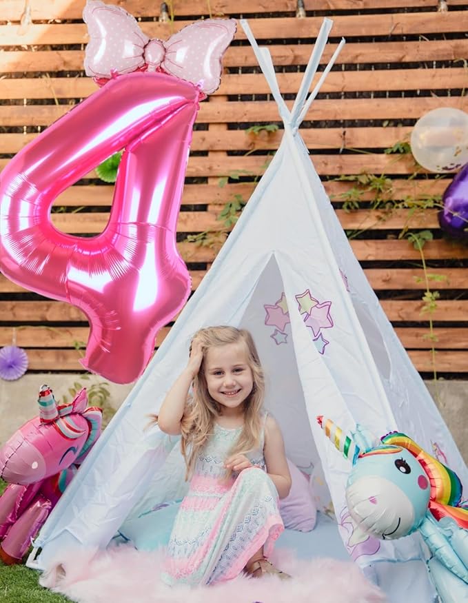 40 Inch Pink Number 4 Balloon with Mini Bow Balloon for Girls 4th Birthday Decorations, Pink Princess Western Cowgirl Theme Birthday Party Decorations Supplies Favors