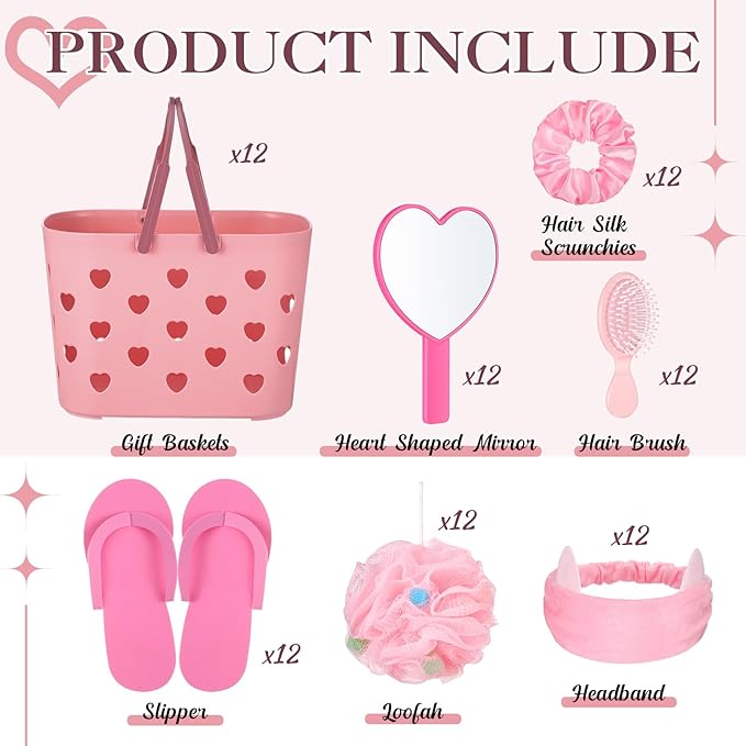 Pickmesh 8 Sets Spa Party Supplies Sleepover party with Pink Basket Heart Mirror Headband Satin Hair Scrunchies Hair Brush Loofah Disposable Slipper for Birthday Gift