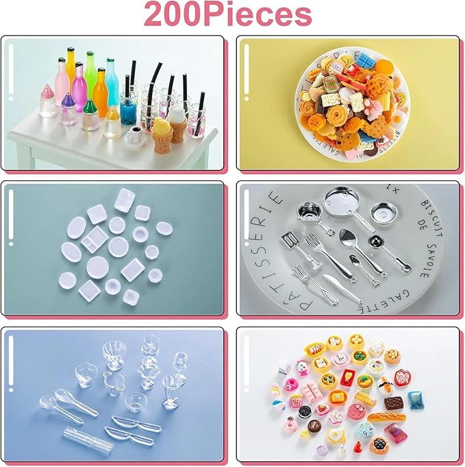 200Pcs Dollhouse Miniature Food Drinks Bottle Cooking Toys Kitchen Accessories Mini Play Fake Resin Pretend Game Party Tableware Bread Cake Ice Cream 1/12 Doll House Landscape