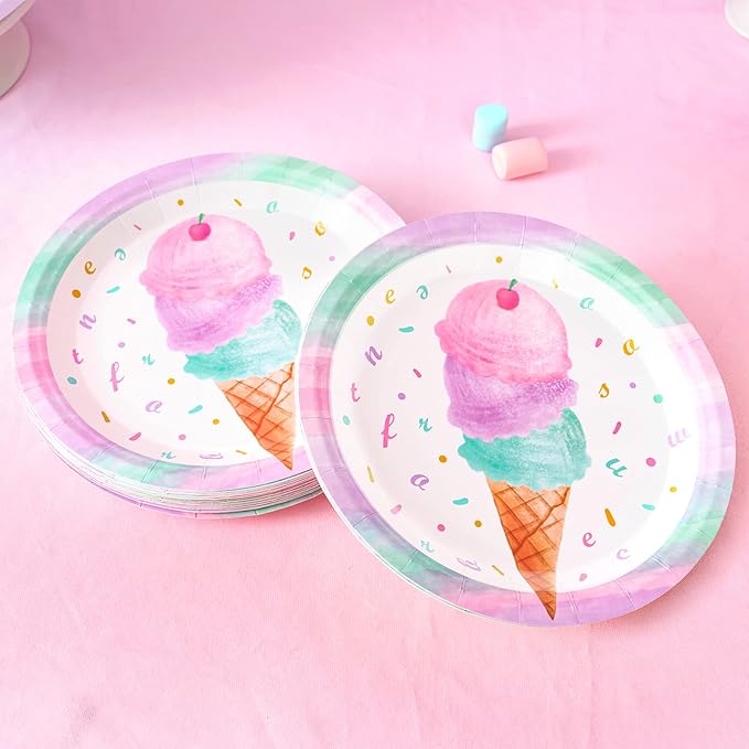 WERNNSAI Ice Cream Party Plates and Napkins - Serves 50 Guests 100 PCS Pink Sweet Ice Cream Themed Party Supplies for Girls Birthday Baby Shower Pool Summer Celebration Dinner Picnic Party Tableware