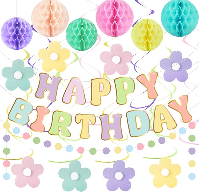 Amandir Pastel Birthday Decorations for Girls Women, Happy Birthday Banner with Honeycomb Balls, Daisy Flowers Hanging Swirls, Circle Dots Garland, Pastel Spring Easter Party Decorations Supplies
