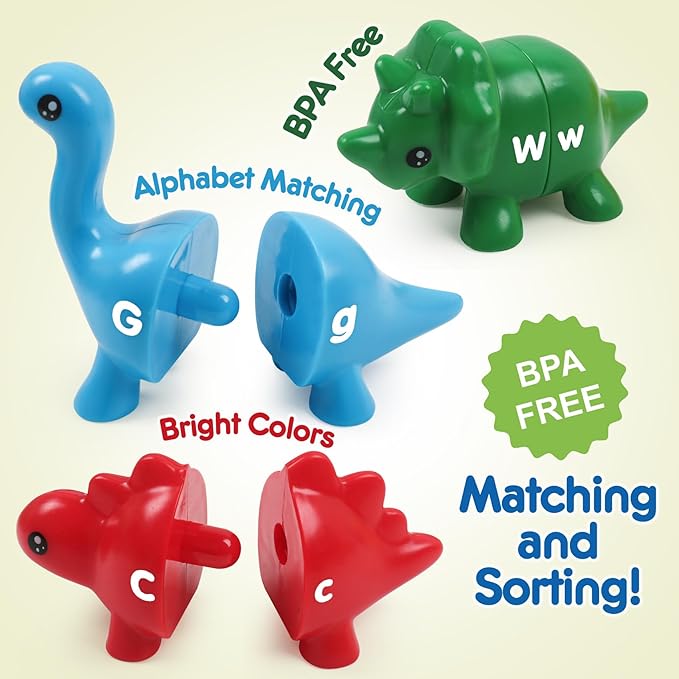 26pcs Alphabet Dinosaurs Matching Toy, Toddlers ABC Learning Dinosaurs with Uppercase Lowercase, Match and Snap Fine Motor Game Preschool Learning Activities, Birthday Gifts for Boys & Girls