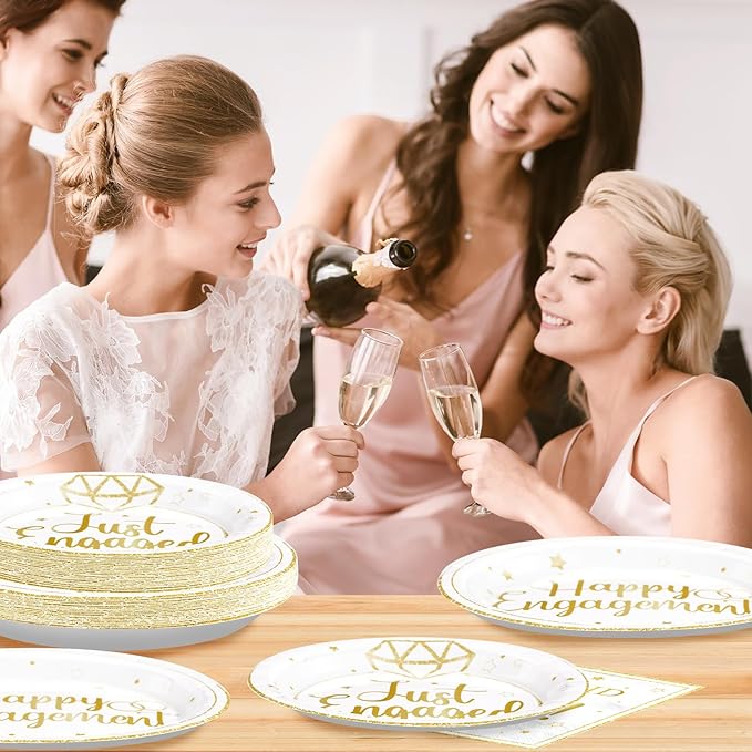 96Pcs Happy Engagement Party Supplies Gold Just Engaged Plates and Napkins Tableware Sets She Said Yes Engagement Decorations for Engaged Proposal Wedding Bridal Shower Married Party Favors Serve 24