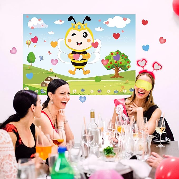 Hooqict Valentines Games for Kids Party Pin The Heart on The Bee Valentines Day Party Games Activities Galentines Day Decorations, Large Pin The Tail Poster with 36 Stickers