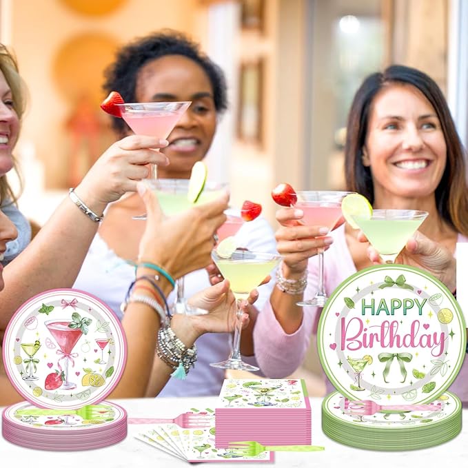 96 Pcs Martini Happy Birthday Party Supplies, Martini Bow Plates and Napkins Tableware Set, Tini Bit Older Birthday Decorations, Bar Bachelorette Party Disposable Dinnerware Serve 24 Guests