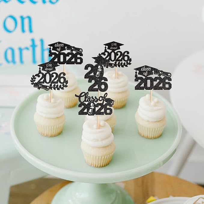 Graduation Cupcake Toppers 2026 Food/Appetizer Picks For Graduation Party Mini Cake Decorations 2026 Cupcake Toppers 24 Pcs (black)