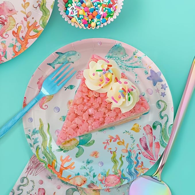 96Pcs Under the Sea Plates Party Supplies, Fish Paper Plates and Napkins and Forks Ocean Baby Shower Picnic Kids Birthday Party Decorations, Serves 24