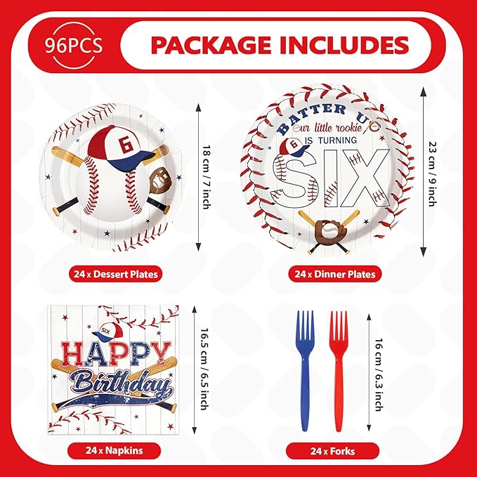 96 Pcs Baseball Birthday Decorations Disposable 6th Birthday Party Paper Plates and Napkins Baseball Sports Themed Party decorations Tableware Set for Boys Girls Kids Supplies, Serves 24