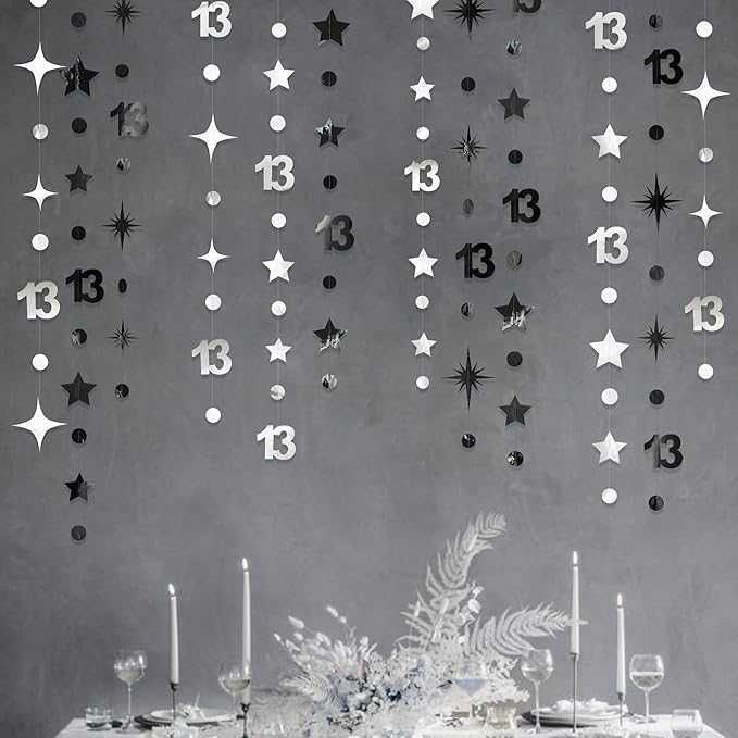 Silver Black 13th Birthday Decorations Number 13 Circle Dot Twinkle Star Garland Hanging Streamer Bunting Banner Backdrop Girls Boys 13 Years Old Birthday Thirteen Official Teenager Party Supplies
